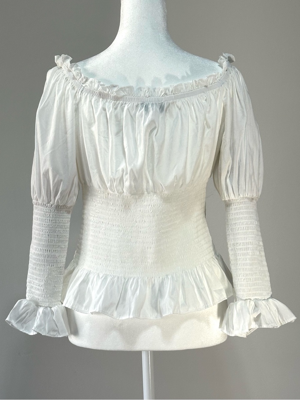 Blue B Collection White Smocked Peasant Top Off Shoulder Puff Sleeve S
